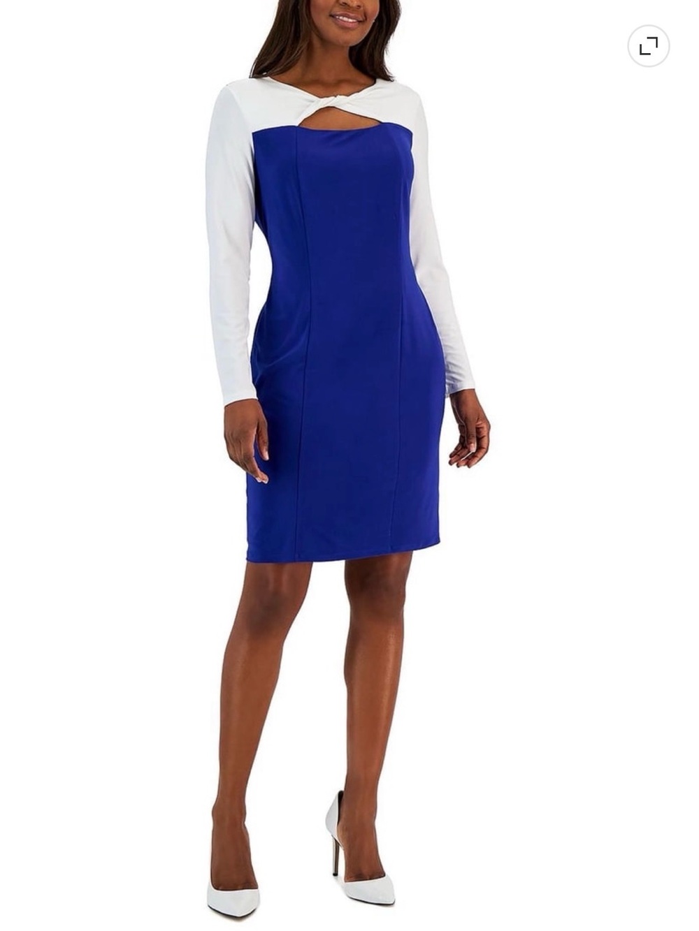 Kasper Blue and White Long-Sleeve Sheath Dress